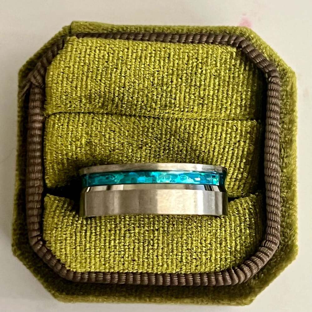 Tungsten Titanium Ring Blue Opal Inlay Beveled Edges 8mm Band Size 11